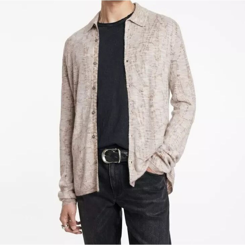 JOHN VARVATOS Shirt Mens XL Tan Marble Button Up Mohair Wool Knit $495